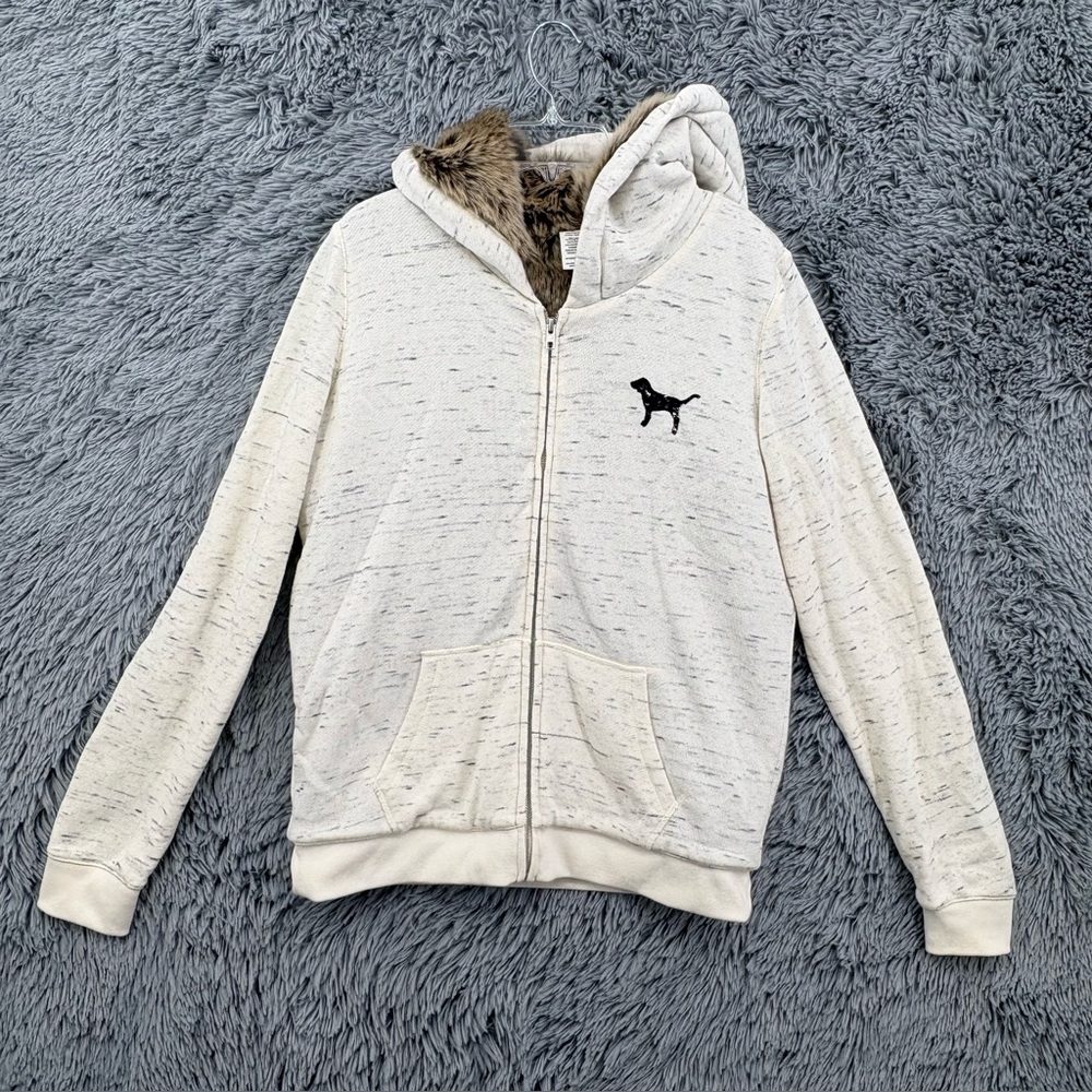 Pink Victorias Secret Hoodie Sweatshirt Womens Medium Full Zip Faux Fur Sequin